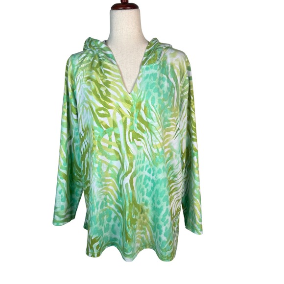 Susan Graver Tops - Susan Graver Weekend Hooded Tunic Women XLP Green Animal Print Resort Tropical